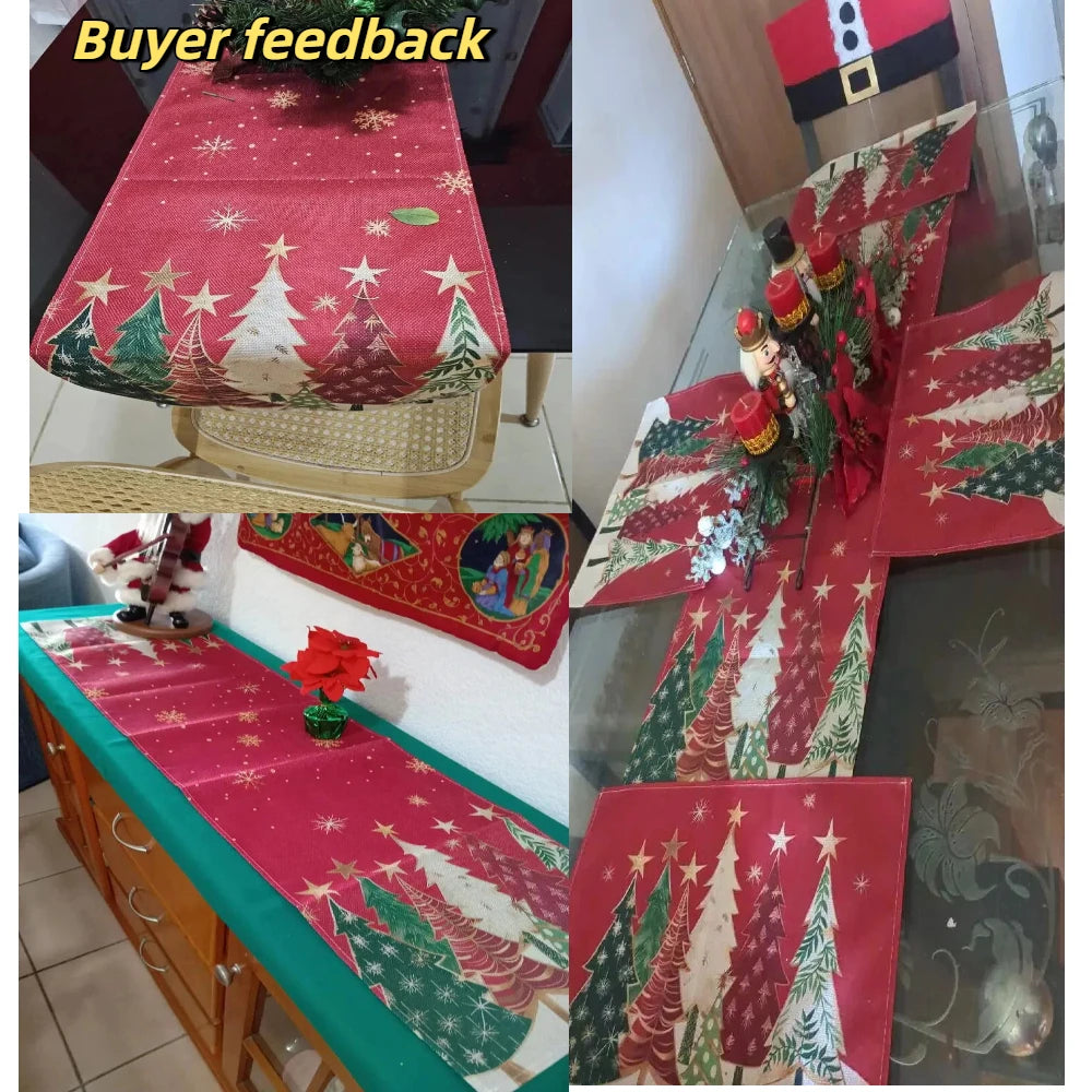 Decoração de mesa festiva retangular de corredor de mesa de Natal, design de árvores de Natal vermelhas e flocos de neve para toalha de mesa de férias