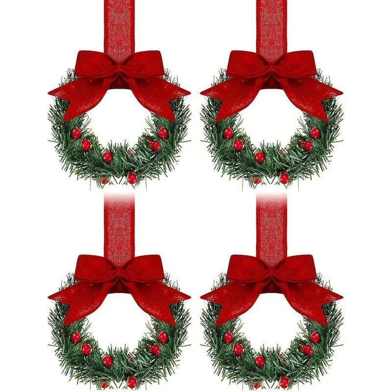 4 Peças de Mini Guirlandas de Natal, Decorações para Janelas, Laços de Fita, Frutas Vermelhas, Decorações para Festas de Natal em Casa