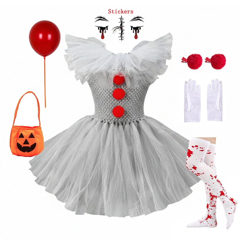 Fantasia de Palhaço Assustador para Meninas, Vestido Tutu de Tule Cinza, Roupa de Cosplay para Halloween, Carnaval dos Mortos e Festas de Palco