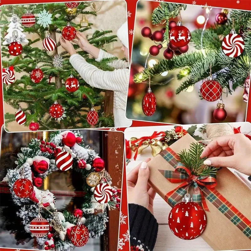 12 enfeites de Natal em forma de bolas de madeira, vermelhas, redondas, para pendurar, com padrão clássico.