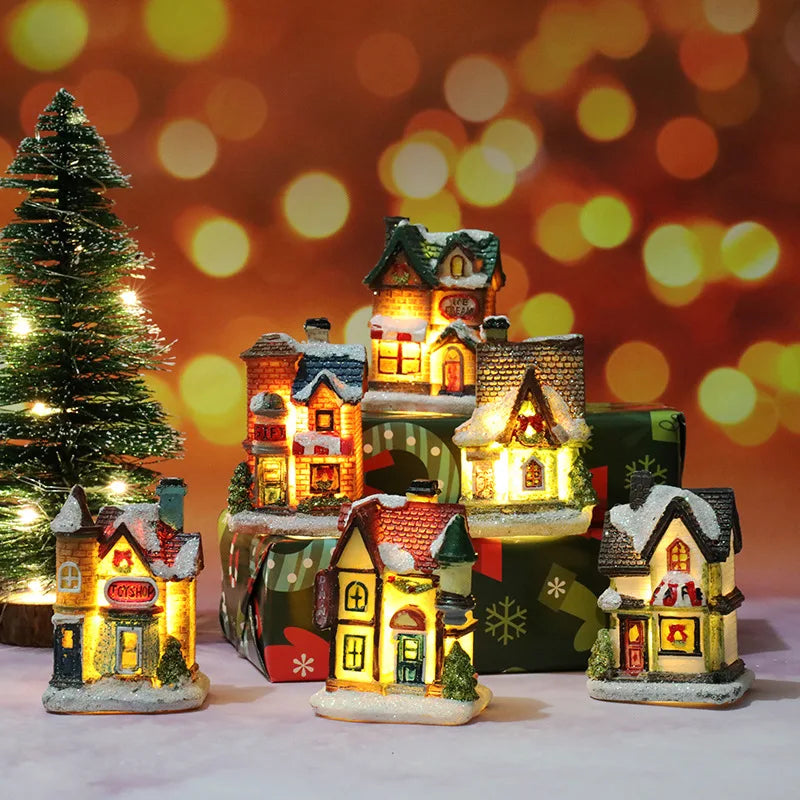 Natal led luz casa enfeites de árvore de natal led resina pequena vila casa natal brilho decoração presente feliz ano novo decorações dc05