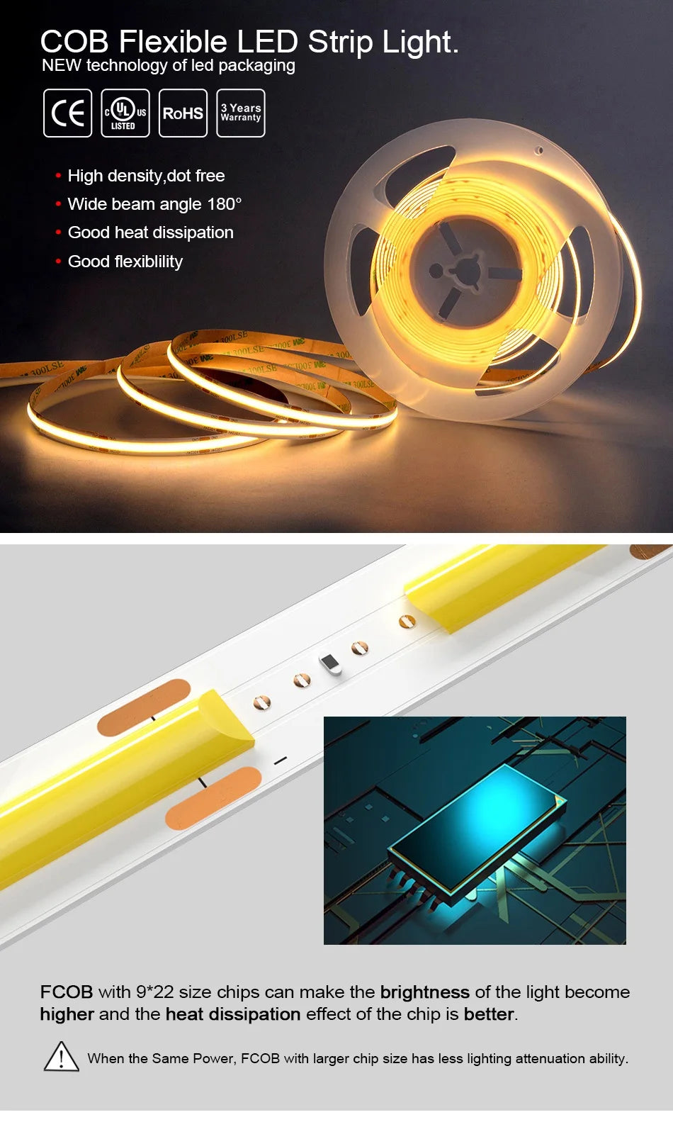 A espiga listada ul conduziu a luz de tira 320 480 leds/m 16.4ft fita flexível de alta densidade ra90 3000k 4000k 6500k regulável conduziu luzes dc12v 24v