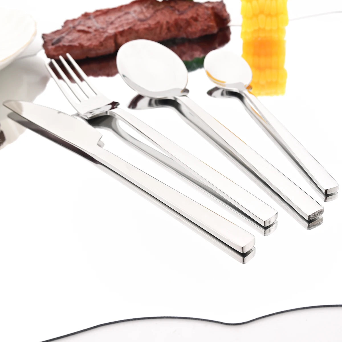 4pcs High-quality Mirror Dinnerware Set Silver Stainless Steel Tableware Set Reusable Knife Fork Spoon Dining Table Utensils Kasa & Pet