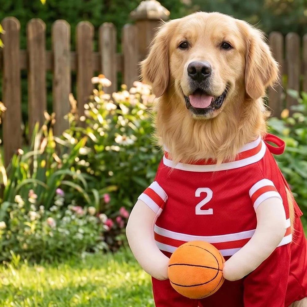 Fantasia de Basquete para Pets de Halloween com Bola 3D, Roupa Divertida de Cosplay Esportivo para Cães Pequenos e Médios, Vestuário para Pug, Sessões de Fotos e Brincadeiras