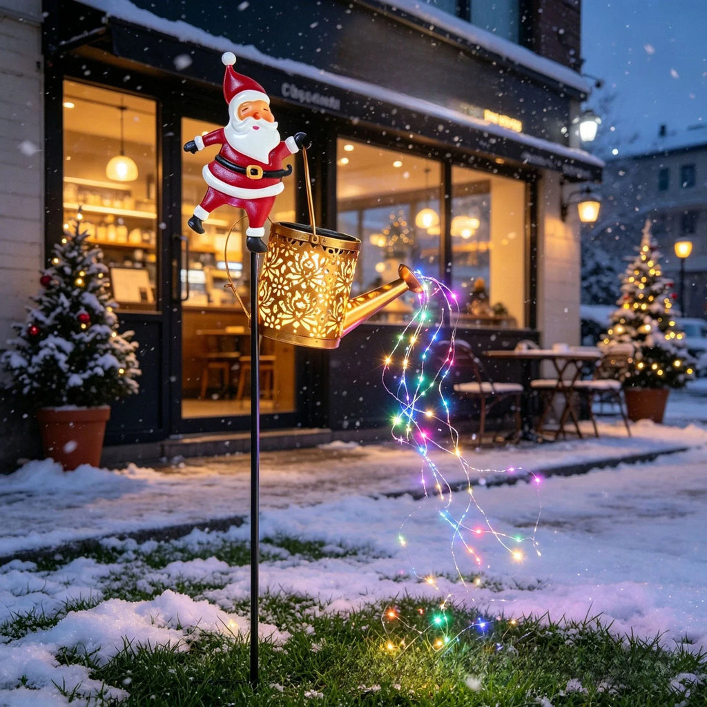 Lanterna Solar de Natal com Papai Noel para Jardim, Regador de Metal à Prova d'Água para Decoração de Quintal e Pátio