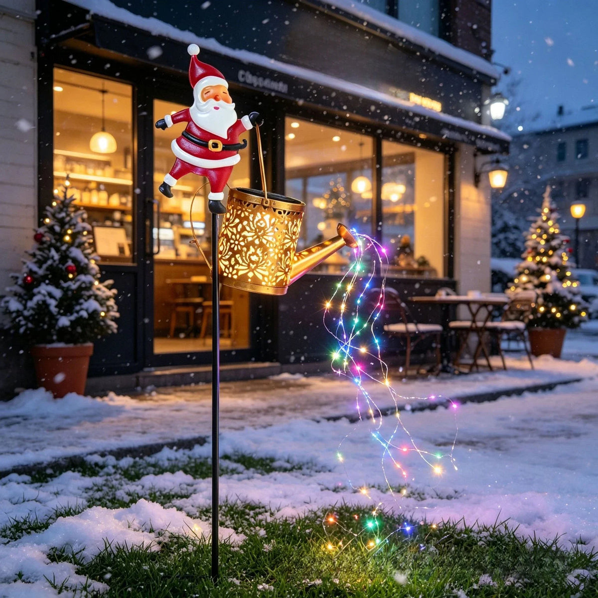 Lanterna Solar de Natal com Papai Noel para Jardim, Regador de Metal à Prova d'Água para Decoração de Quintal e Pátio