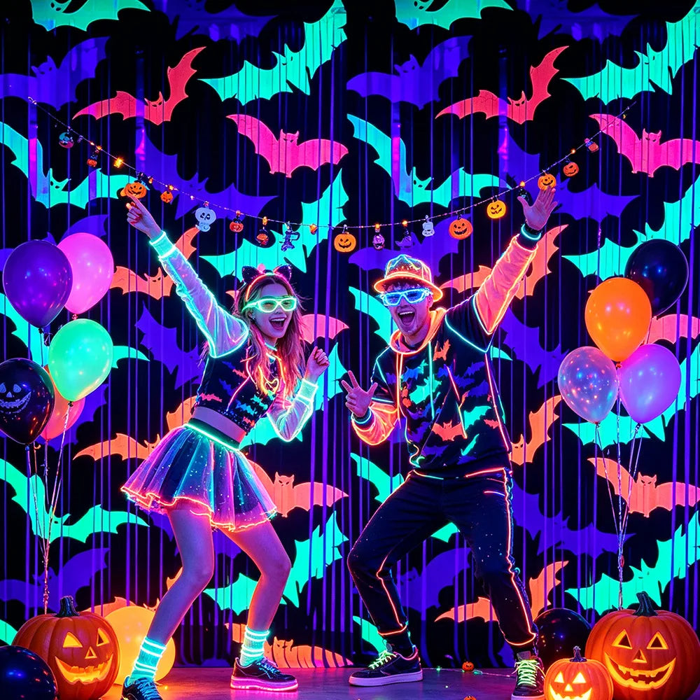 Cortina de Franjas de Folha Metálica Fluorescente de Morcegos para Festa de Halloween, Cenário de Tinsel Metálico com Glitter para Decoração de Fundo de Aniversário e Adereços Fotográficos