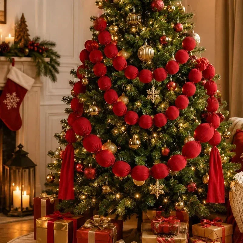Guirlanda de bolas de Natal para pendurar, bolas de tecido vermelho, cordão para decoração de árvore de Natal, decoração para pendurar na janela, bolas de tecido macio e suave, artigos para festas.