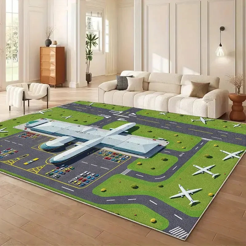 Tapete para Sala de Estar com Padrões Abstratos de Pista de Aeroporto, Tapete Lavável na Máquina, Antiderrapante, Macio, para Estudo e Quarto