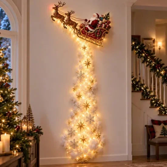 Decoração de parede natalina luminosa, luz de parede para casa, cena mágica de Natal, trenó do Papai Noel, renas, decoração natalina suspensa