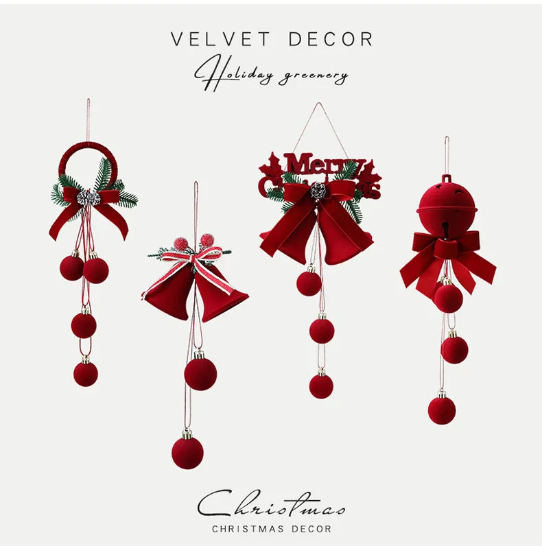 Enfeites de Natal em Veludo Vermelho, Bolas Flocadas, Sinos, Pingentes, Laços, Decoração para Casa, Presentes para Festa de Natal e Ano Novo