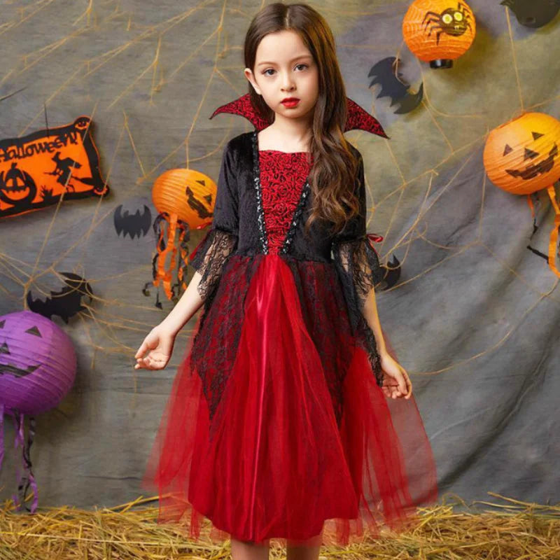 Fantasia de Halloween para Meninas: Cosplay Gótico de Noiva Fantasma, Bruxa, Vampira, Vestido Tutu Vermelho e Preto, Peruca, Véu, Kits para Festas de Halloween