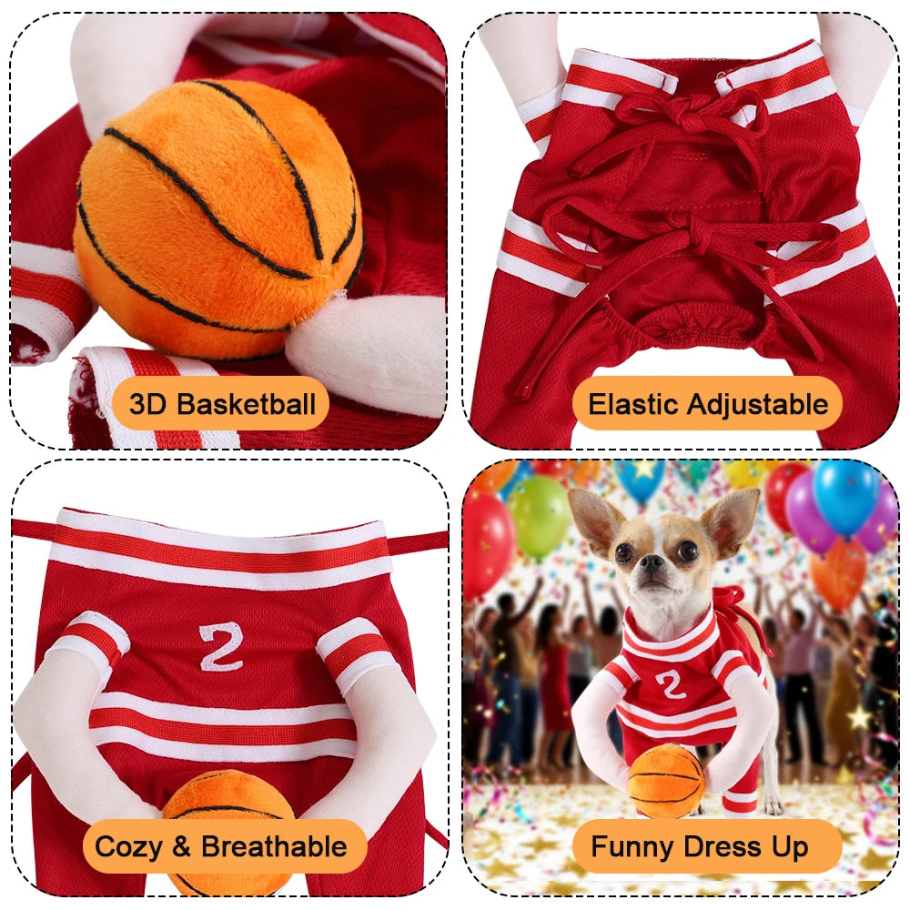 Fantasia de Basquete para Pets de Halloween com Bola 3D, Roupa Divertida de Cosplay Esportivo para Cães Pequenos e Médios, Vestuário para Pug, Sessões de Fotos e Brincadeiras