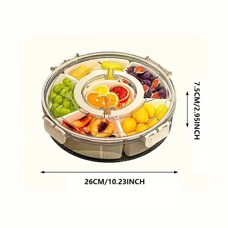 Bandeja giratória para petiscos, com alça e tampa, organizador transparente com compartimentos para guardar frutas, legumes e petiscos para festas.
