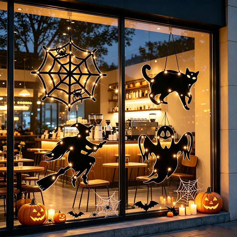 Luzes Decorativas de Halloween para Pendurar em Janelas e Paredes, Ornamentos LED Assustadores de Silhueta de Fantasma, Bruxa, Gato Preto e Teia de Aranha para Pendurar em Ambientes Internos