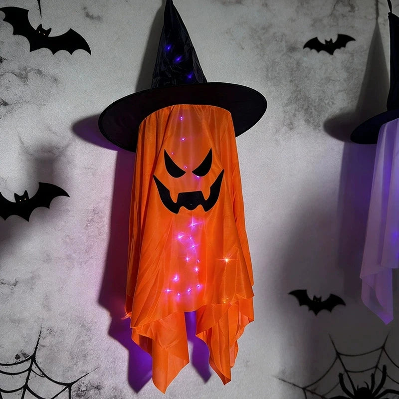 Chapéu de Bruxa LED Brilhante para Halloween, Pendentes de Fantasma, Ornamento Iluminado para Pendurar, Decoração de Porta Externa para Festa de Feriado e Cenário de Jardim