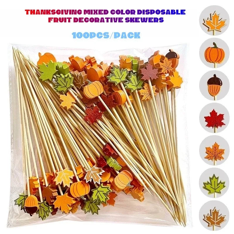 Decorações de frutas para festa de Halloween, abóbora, folha de bordo, palitos de bambu em formato de bolota, coquetéis, saladas, sobremesas, bandeiras