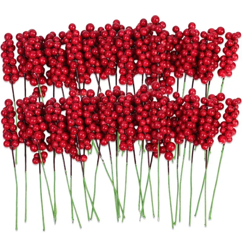 Galhos de Frutas Vermelhas Artificiais para Natal, Buquê de Flores de Azevinho Falso para Decoração de Árvore de Natal e Festa de Ano Novo