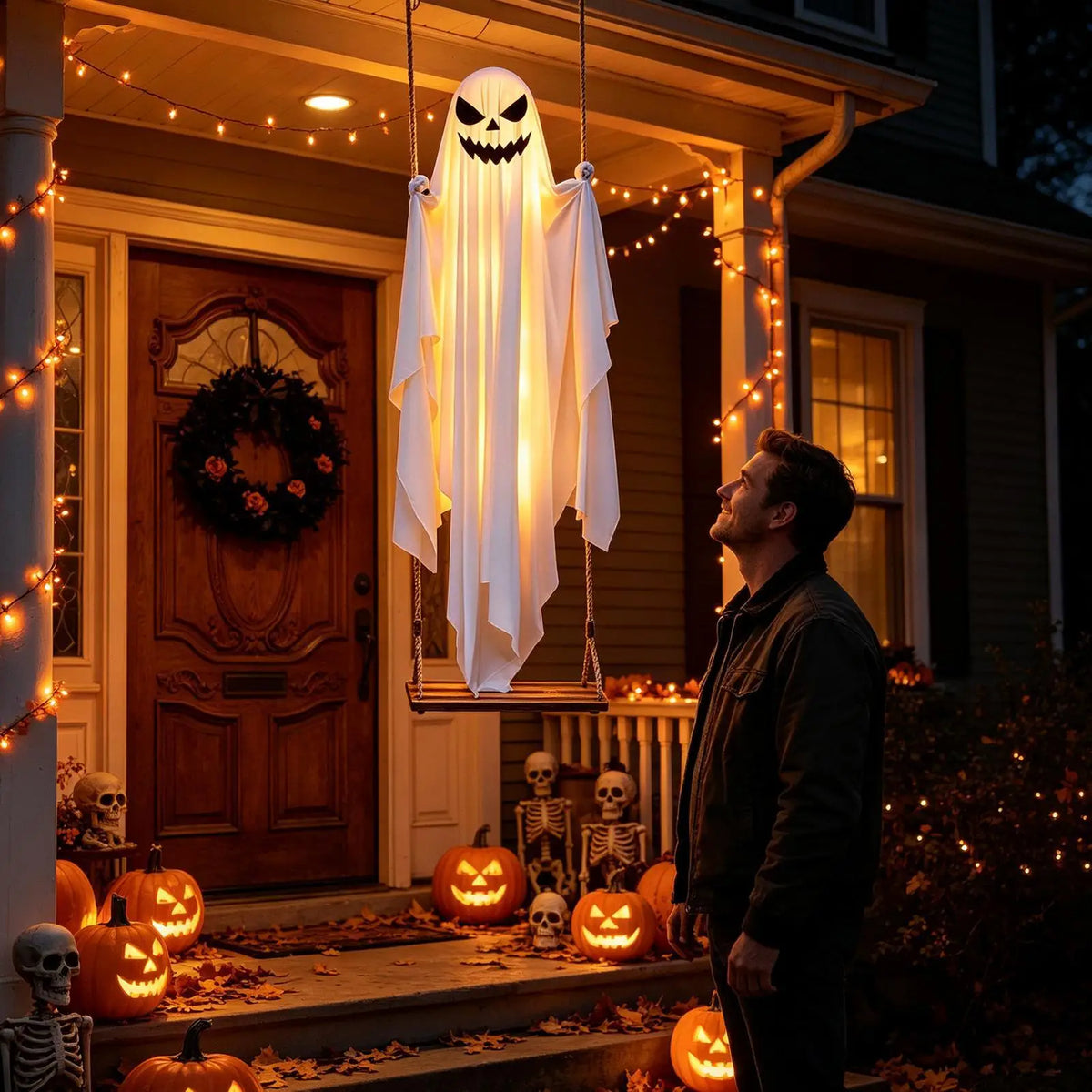 Decoração de Fantasma Balançante para Halloween, 47 Polegadas, Decoração Animada Assustadora para Exteriores, Adereços para Pendurar em Árvores de Jardim, Ornamento Assustador Iluminado - Kasa & Pet