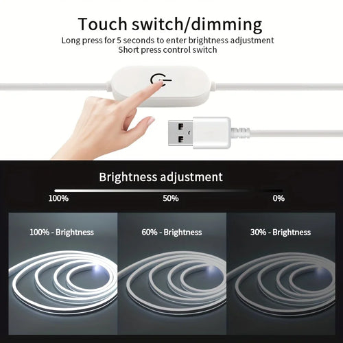 Fita de LED Neon USB DC 5V com Sensor de Toque Regulável, Fita de Silicone Flexível à Prova d'Água para Decoração de Ambientes Externos