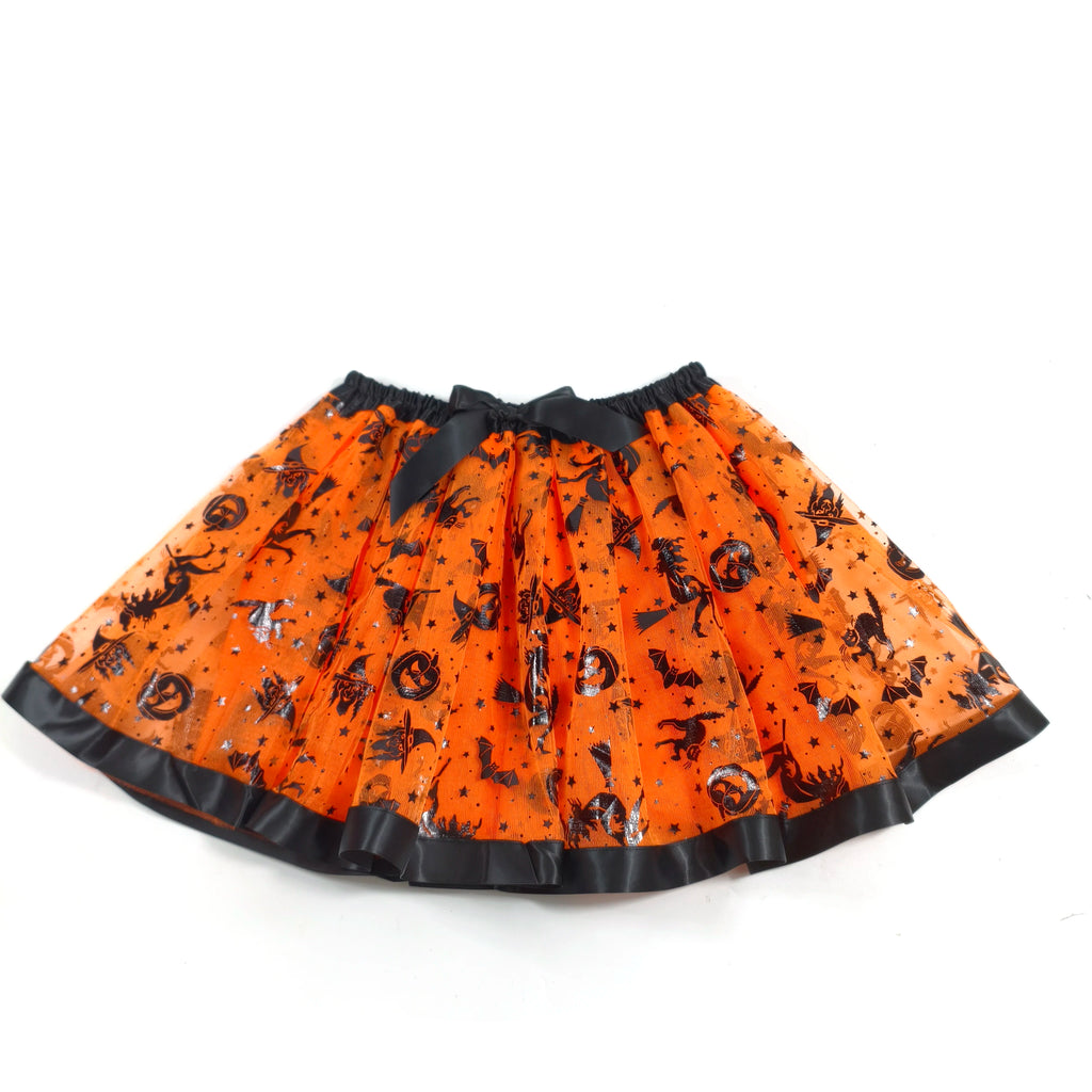 Saia de Tule para Adultos de Halloween Adornada com Morcegos, Abóboras e Estrelas, Esta Saia de Tule Laranja Tem um Laço Preto na Cintura