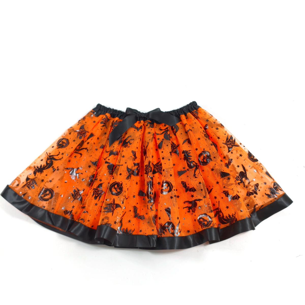 Saia de Tule para Adultos de Halloween Adornada com Morcegos, Abóboras e Estrelas, Esta Saia de Tule Laranja Tem um Laço Preto na Cintura