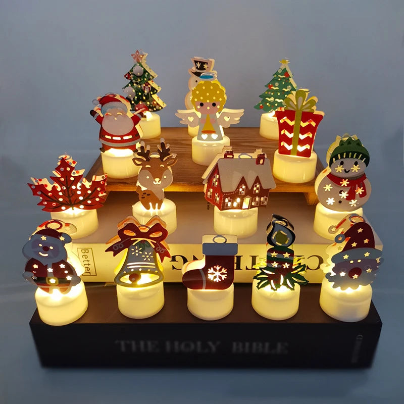 LED Christmas Candle Lamp Decorações, pequena Santa, boneco de neve, árvore de Natal, Holiday Night Lights, Home Party, Jardim