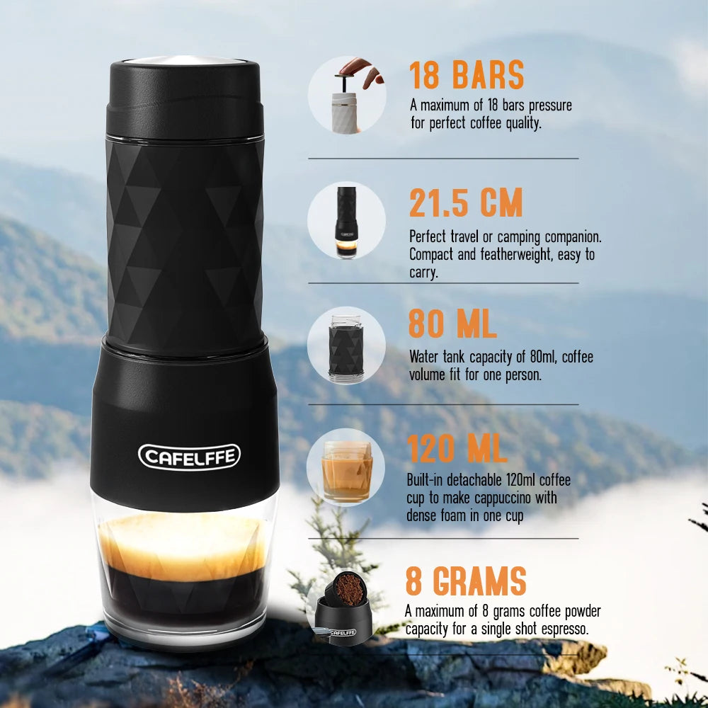 Máquina de Café Portátil Cafelffe 3 em 1, Cafeteira Manual para Cápsulas e Café Moído, Espumador de Leite, Preparador Manual para Viagens e Presentes