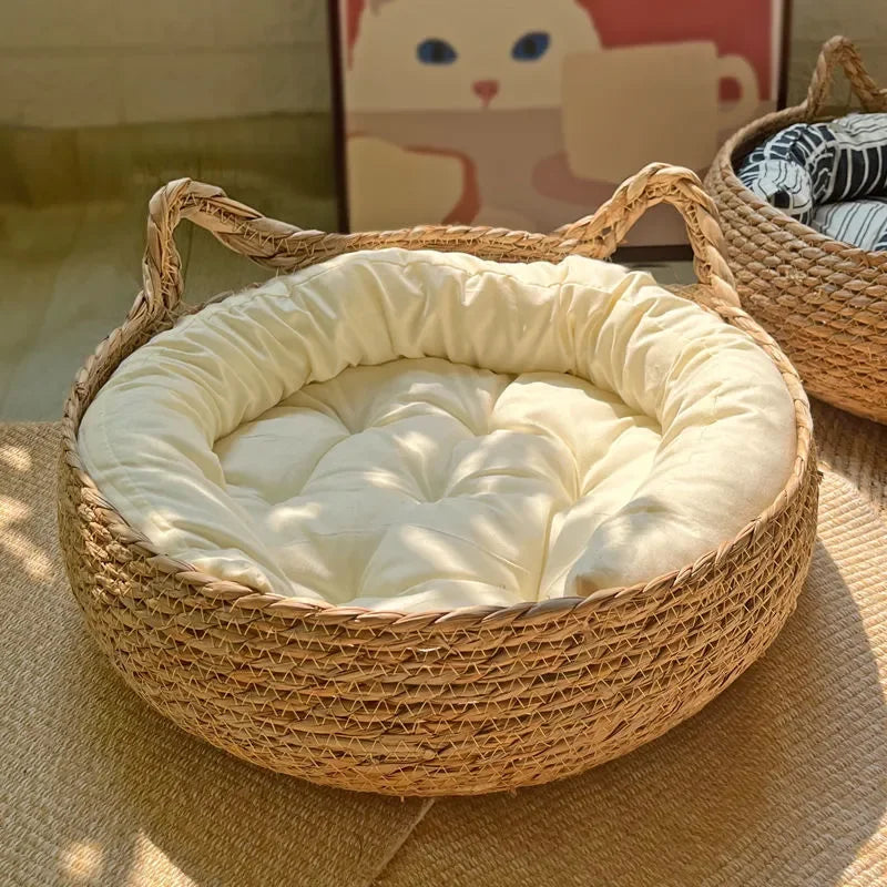 Handmade Vine Woven Cat Nest, Almofada Destacável, Lavável, Puro, Universal, Sazonal, Calor, Pet Shop, Acessórios, 4 Estações, Inverno