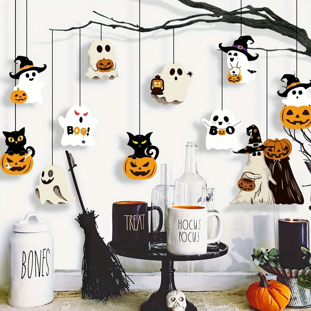 Enfeites de Halloween para Pendurar: Fantasma, Gato Preto, Abóbora e Chapéu de Bruxa – Decoração Assustadora para Festas de Halloween, Varandas e Tetos