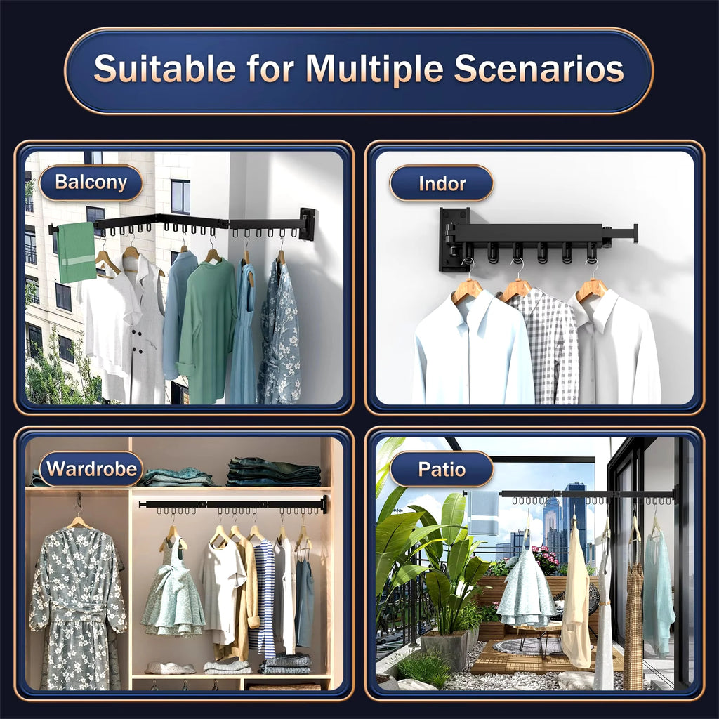 Rack de secagem de roupas-retrátil dobrável forte suporte de carga interior de parede de alumínio simples e conveniente rack de roupas