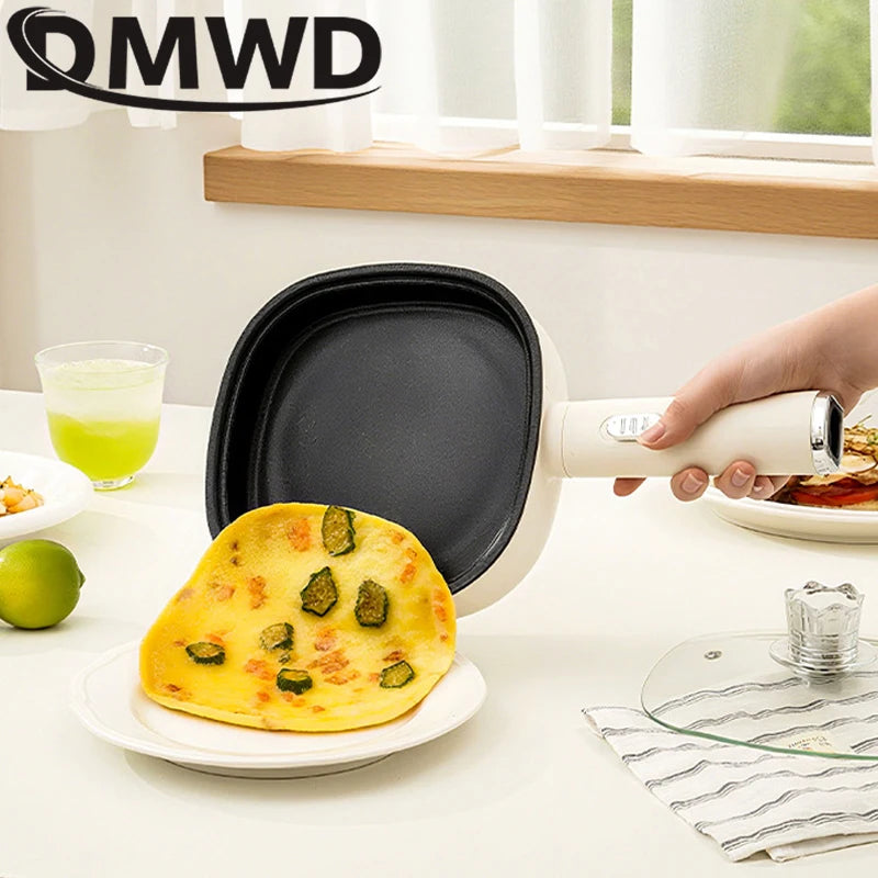 Panela Elétrica DMWD para Fritar, Mini Panela Doméstica Antiaderente para Bifes e Panquecas, Frigideira Elétrica Multifuncional 2 Potências 600W