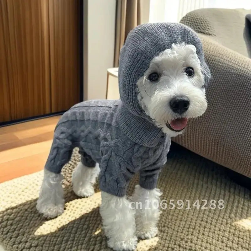 Outono e inverno animal de estimação quatro pernas de malha quente pernas quatro macacão cão chapéu camisola conjunto casaco filhote de cachorro calças gato roupas de pelúcia com