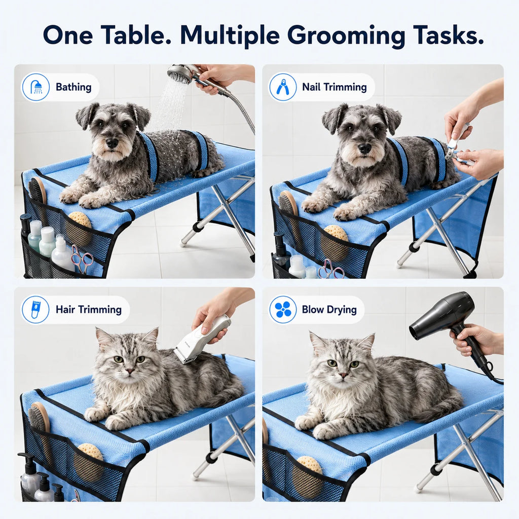 Mesa de Tosa para Cães e Gatos Pequenos, Suporte Portátil para Banho, Corte de Unhas, Corte de Pelos e Secagem com Soprador