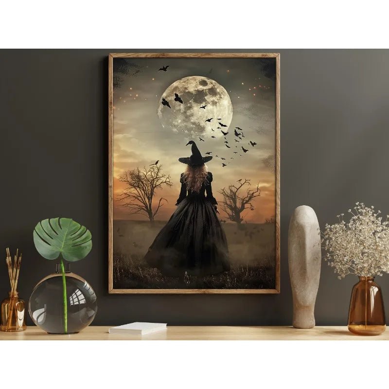 Pôster de Decoração de Parede de Halloween: Bruxa Sombria no Bosque com Flores - Impressão em Tela Sem Moldura para Decoração Festiva de Casa - Kasa & Pet
