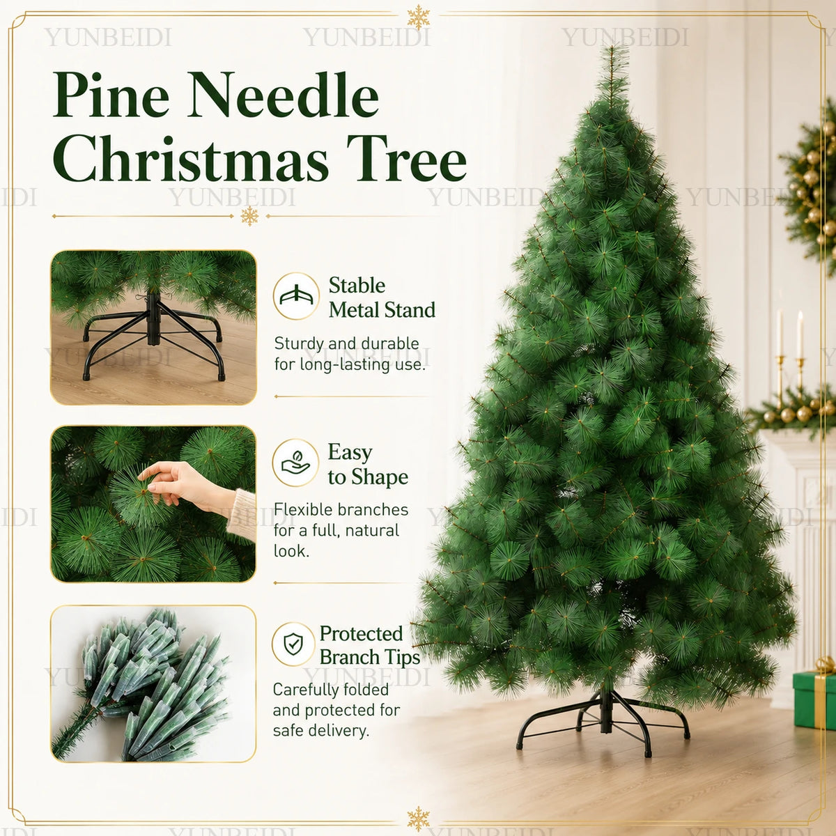 Árvore de Natal Artificial com Agulhas de Pinheiro PET e Luzes LED, de 90cm a 240cm, Grande Decoração de Natal para Casa