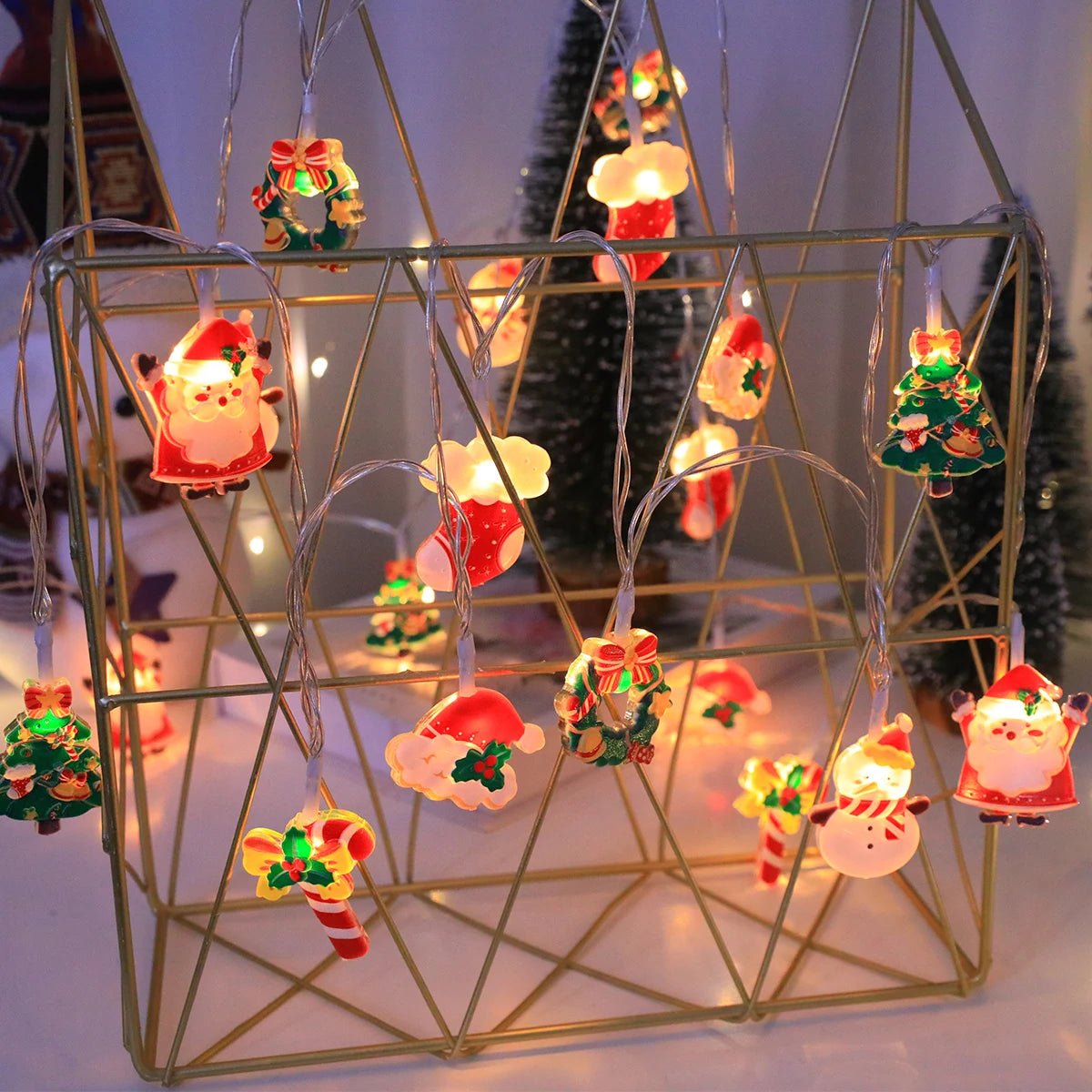 Luzes de corda de Natal LED, com Papai Noel/boneco de neve/cana de doces/meia de Natal/designs de flocos de neve, para festa de Natal/interior/árvore