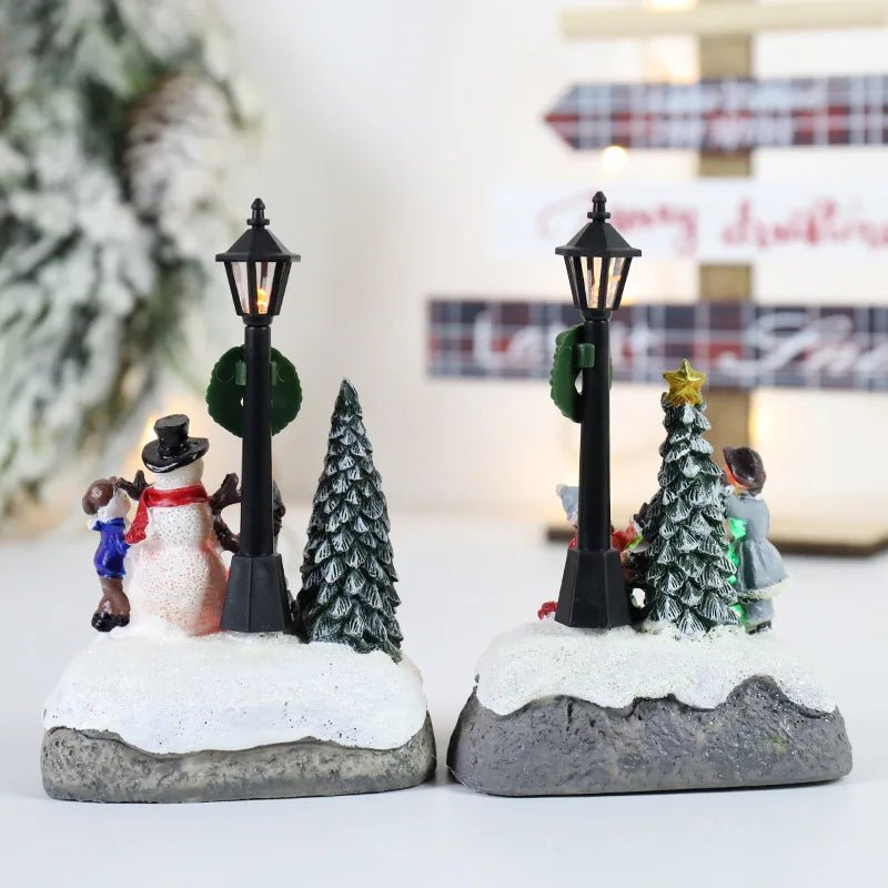Natal aldeia cena árvore boneco de neve resina ornamento com luzes led animado lâmpada rua estátuas estatueta férias decoração desktop