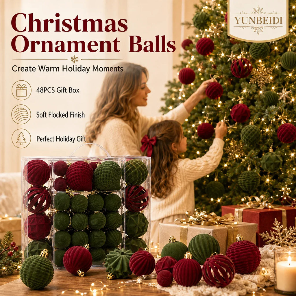 Conjunto de Bolas de Natal de Veludo 48 Peças, Enfeites Plásticos Flocados para Decoração de Árvore de Natal DIY, Decoração Suspensa para Festas e Casa