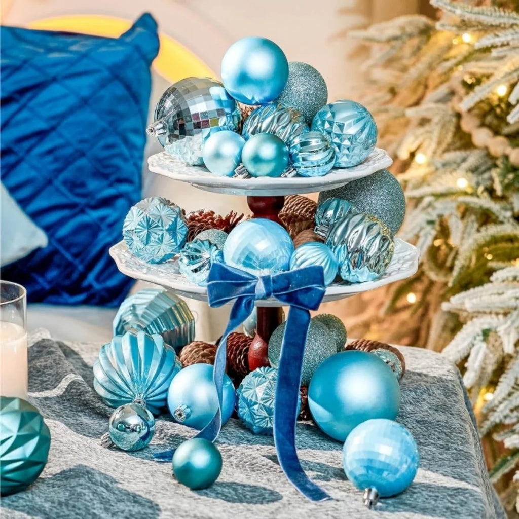 Conjunto de enfeites de bolas de natal, 3/4/6cm, enfeites inquebráveis de natal, bolas suspensas para festa de feriado, decoração de casamento (tira e azul)
