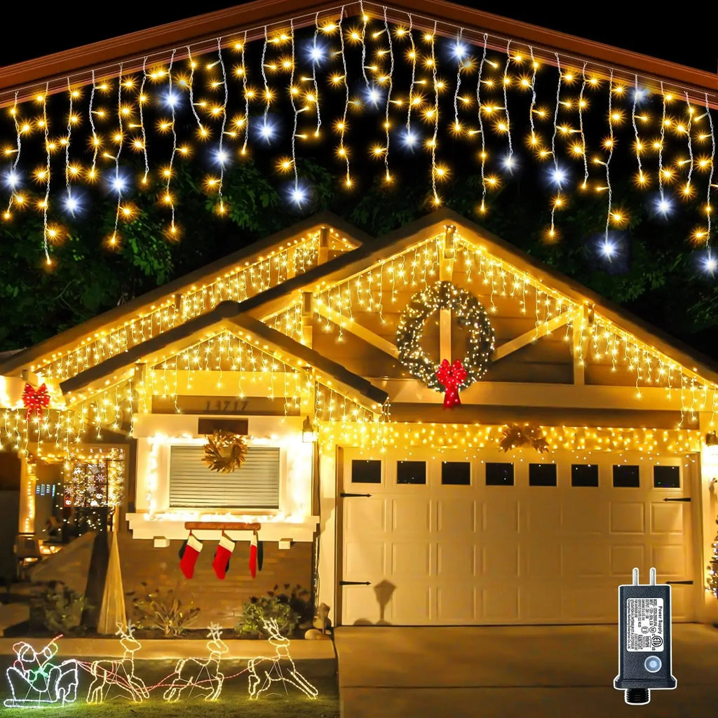 Decorações de Natal 2026: Guirlanda de Estrelas 4M (L) x 0.4/0.5/0.6M (A) com Luzes Piscantes (Branco Quente + Branco Frio) 8 Modos LED Festoon