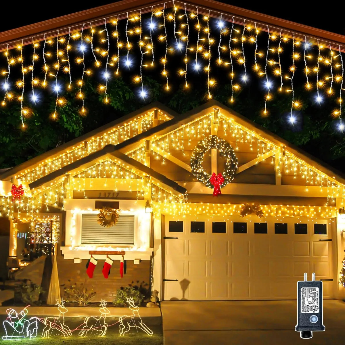 Decorações de Natal 2026: Guirlanda de Estrelas 4M (L) x 0.4/0.5/0.6M (A) com Luzes Piscantes (Branco Quente + Branco Frio) 8 Modos LED Festoon