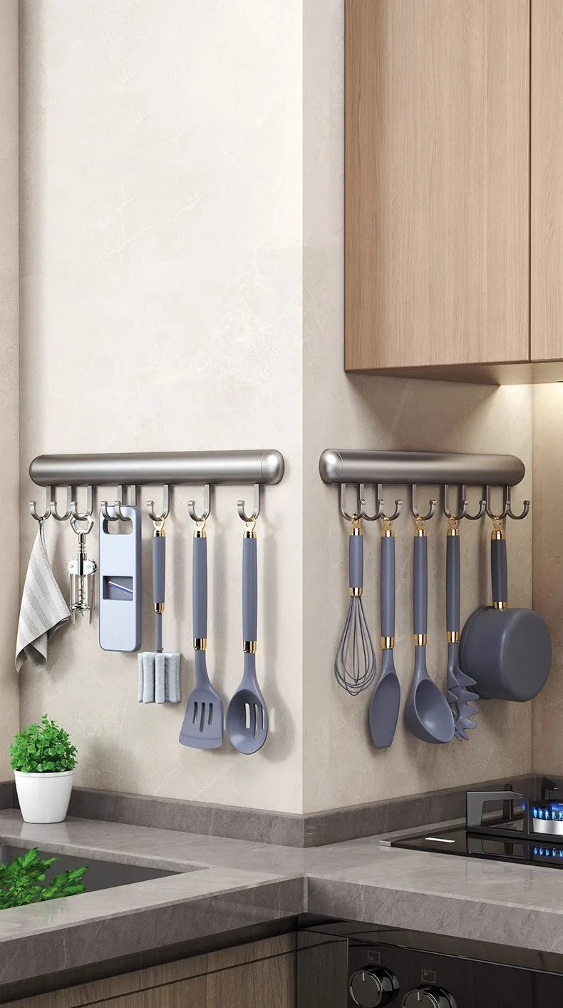 Suporte de gancho de cozinha, haste de suspensão sem perfuração, rack de armazenamento de parede, espátula, colher, espaço removível, cabides de gancho de alumínio