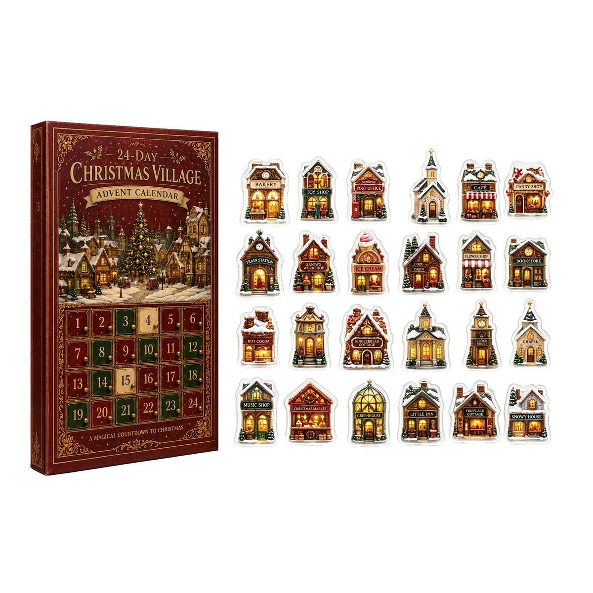 Calendário do Advento VILAREJO DE NATAL, Enfeites para Árvore de Natal, Lembrancinhas para Meia de Natal, Presentes, Decoração para Casa de Festa de Natal, Artigos para Presentes