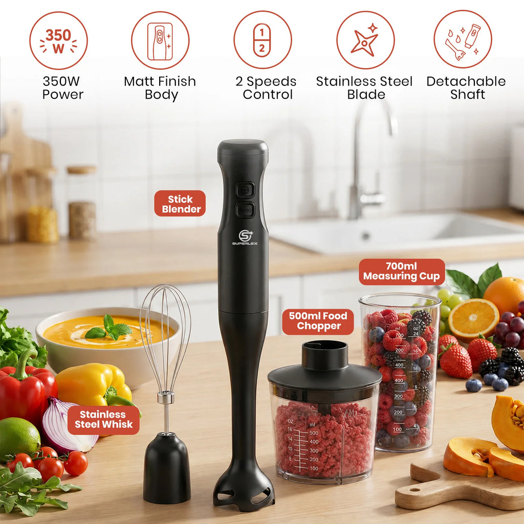 SUPERLEX 350W Mixer de Imersão 4 em 1, Conjunto de Mixer Elétrico Portátil com Batedor, Copo Medidor de 500ml e Picador de 700ml, Controle de 2 Velocidades para Sopas, Smoothies, Papinhas e Carne Moída