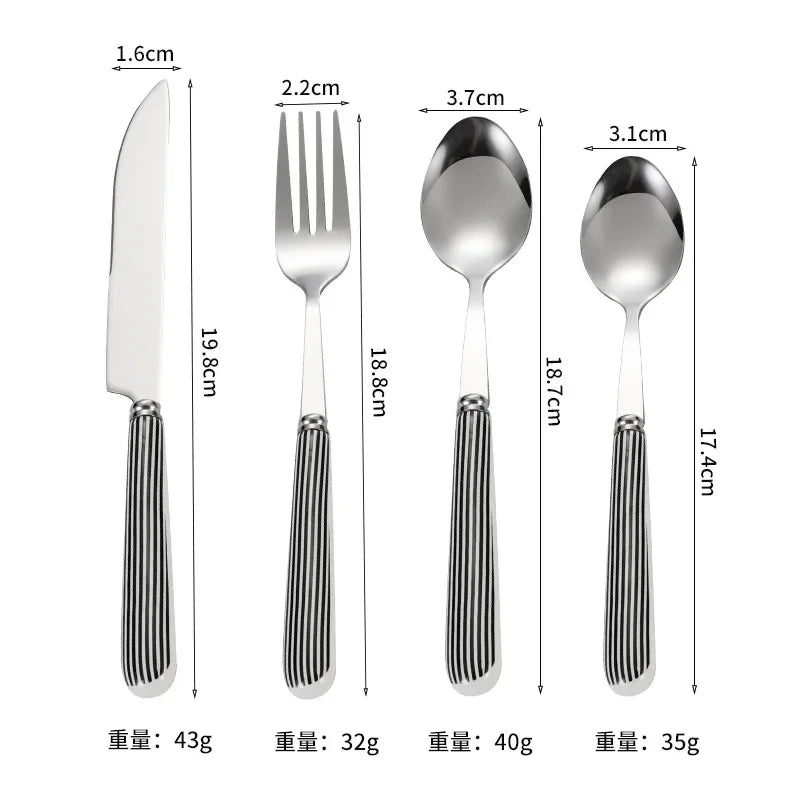 Conjunto de Talheres Retrô Coreano de Aço Inoxidável com Pontos, 4 Peças, Garfo de Bife e Colher de Manteiga, Conjunto de Talheres Domésticos para Jantar