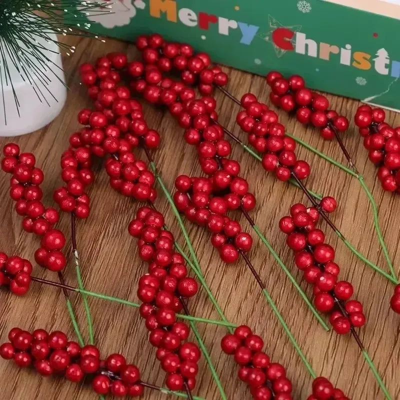 Galhos de Frutas Vermelhas Artificiais para Natal, Buquê de Flores de Azevinho Falso para Decoração de Árvore de Natal e Festa de Ano Novo