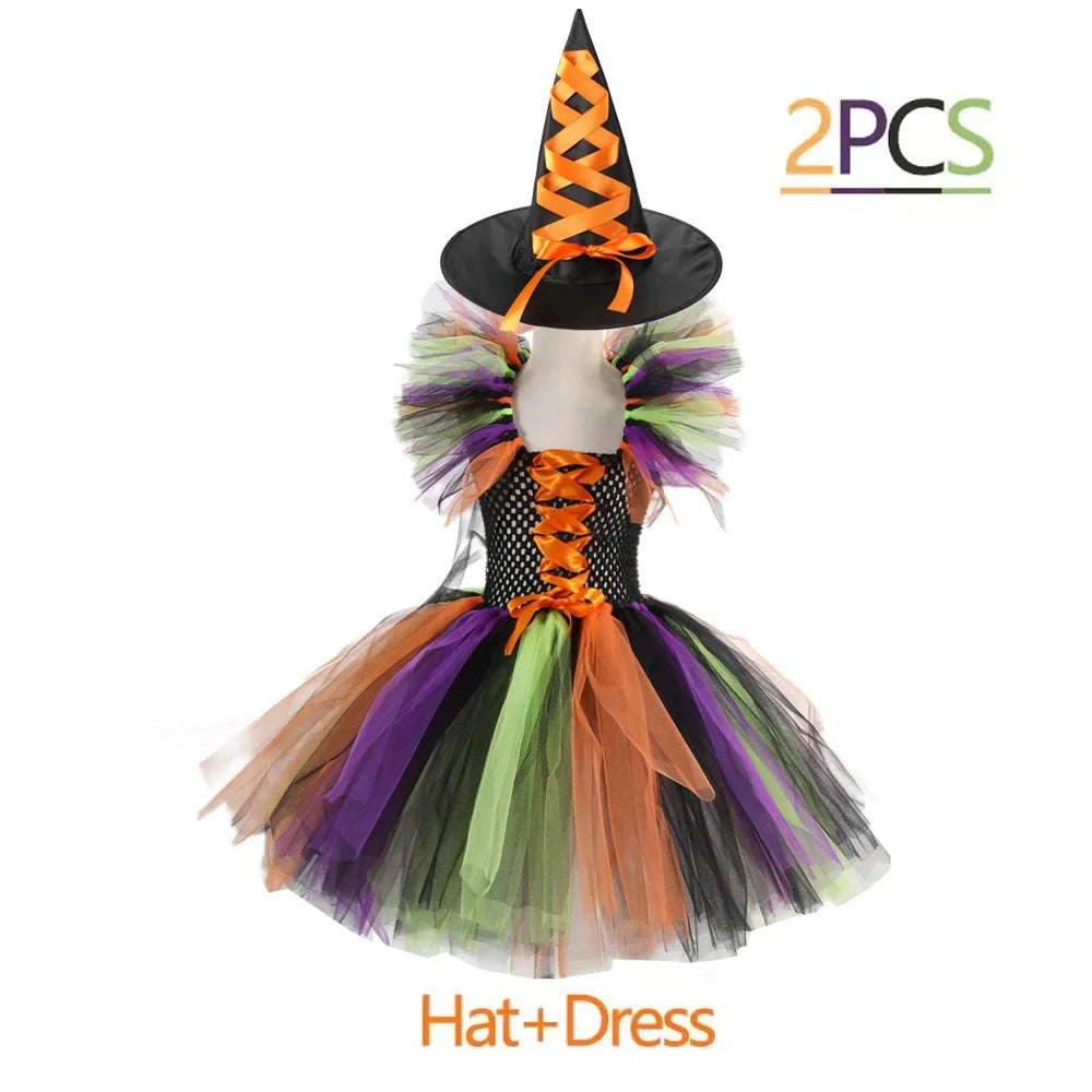 Crianças trajes de bruxa de halloween para meninas carnaval festa fantasia vestido crianças bruxas disfarce tutu roupa com vassoura chapéu