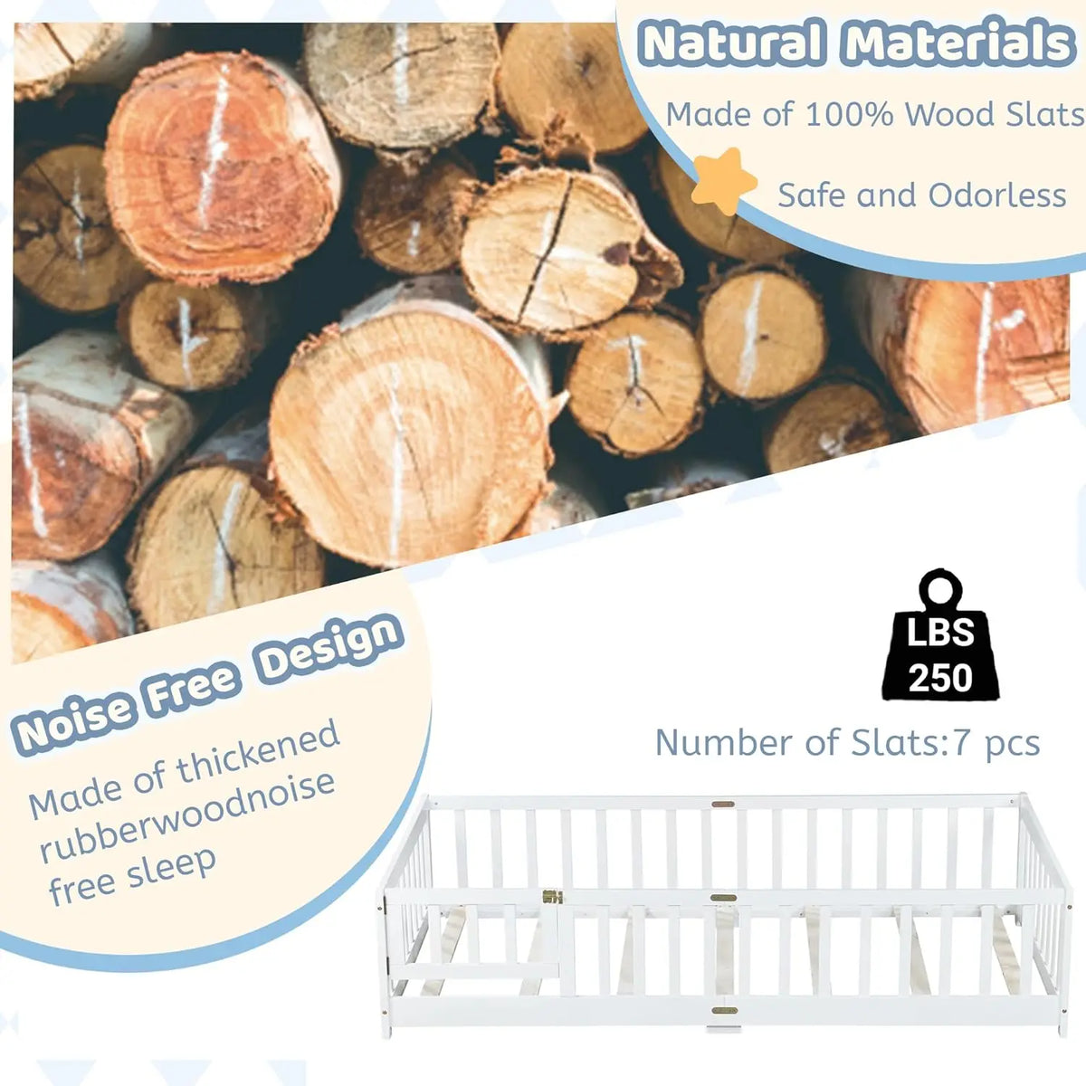 Cama de chão de tamanho duplo com ripas e porta, estrutura de cama de chão Montessori com trilhos altos, camas infantis de madeira dupla com cerca, sem caixa de mola