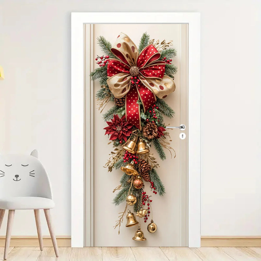 1 decoração de parede de Natal - decoração suspensa com sinos vermelhos e folhas verdes - decoração de sala de férias, design de férias